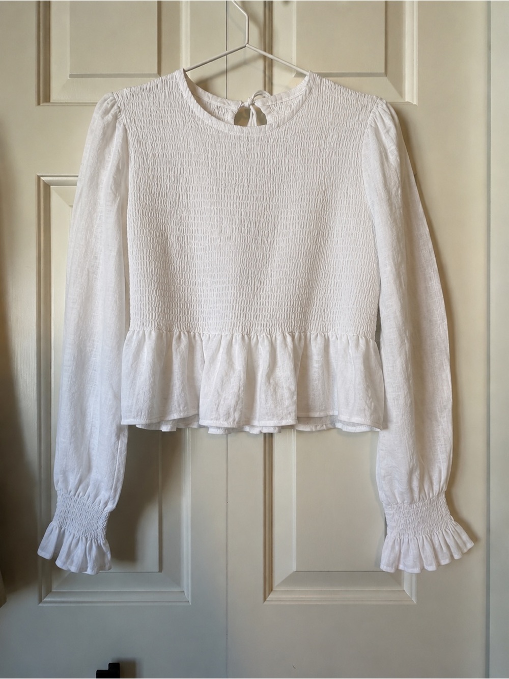 Faithfull the Brand White Smocked Peplum Long-Sleeve Blouse